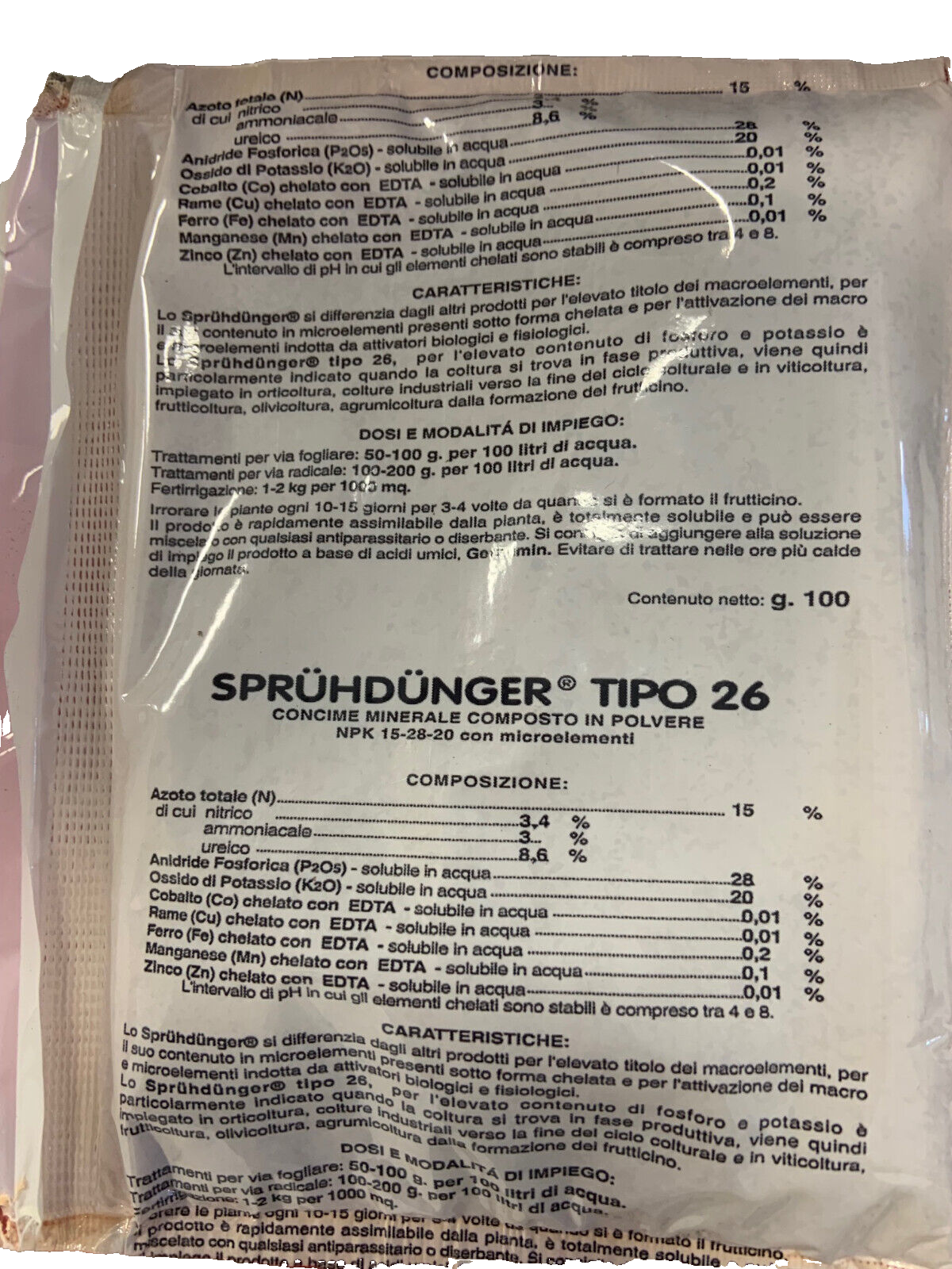 SPRUHDUNGER TIPO 26 CONCIME FOGLIARE N.P.K. 15.28.20 CON MICROELEMENTI GR.100